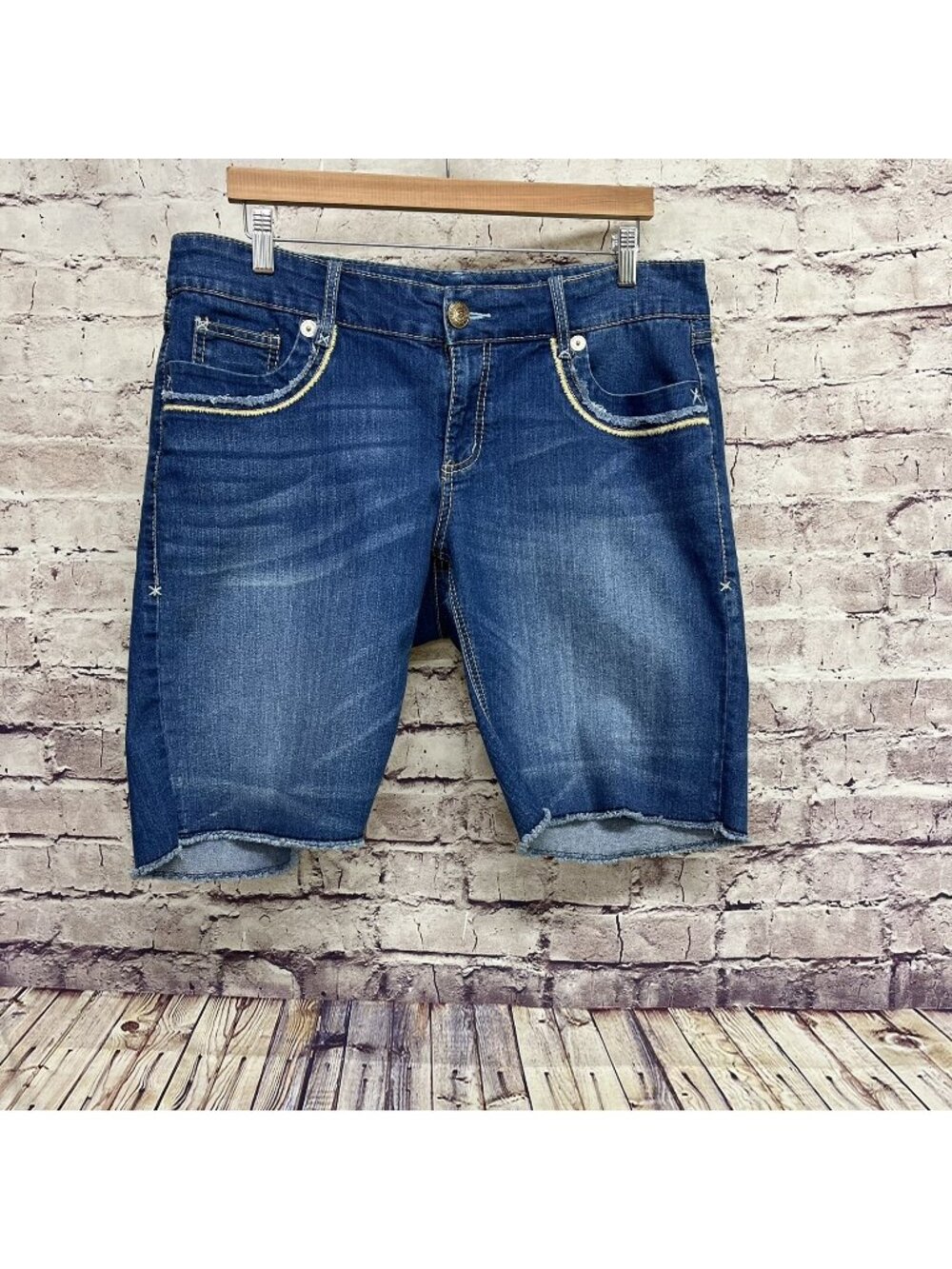 Seven7 Blue Bermuda Embroidered Raw Hem Shorts